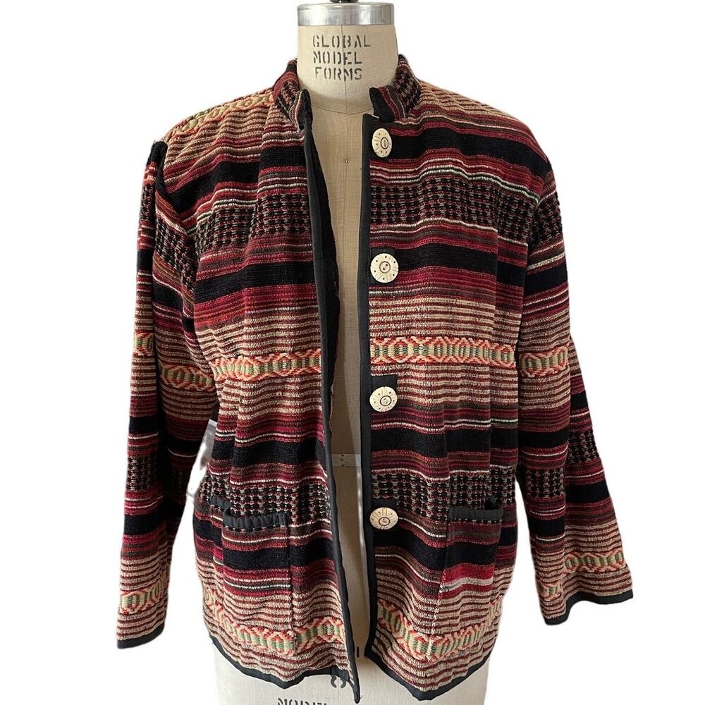 Vintage 90s Flashback Striped Button Up Knit Blanket Jacket Size Medium